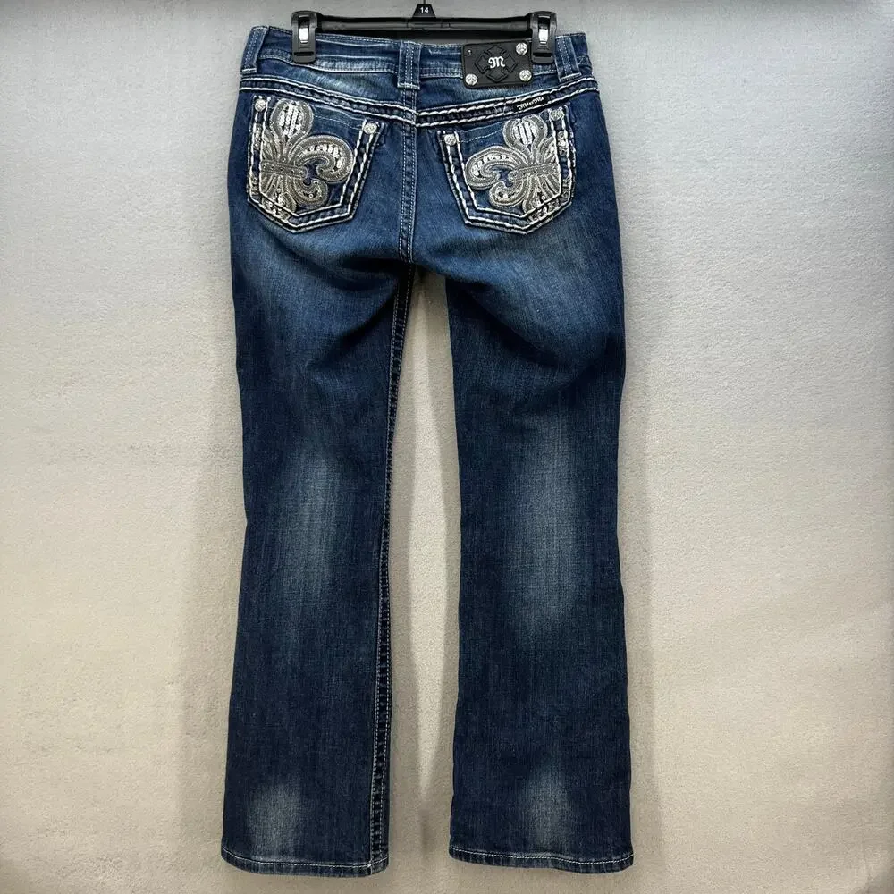 Miss Me Jeans Women's 27x31 (4) Blue Easy Boot Embellished Fleur de Lis Blingy - Picture 2 of 15